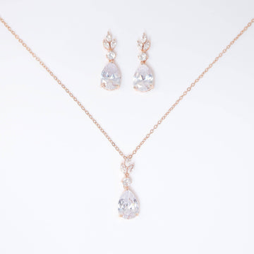 Swarovski Crystal Dainty Rose Gold Leaves Drop Necklace , Bridal Jewelry, Bridal Earrings And Necklace, Statement Earrings Cz, Necklace Set